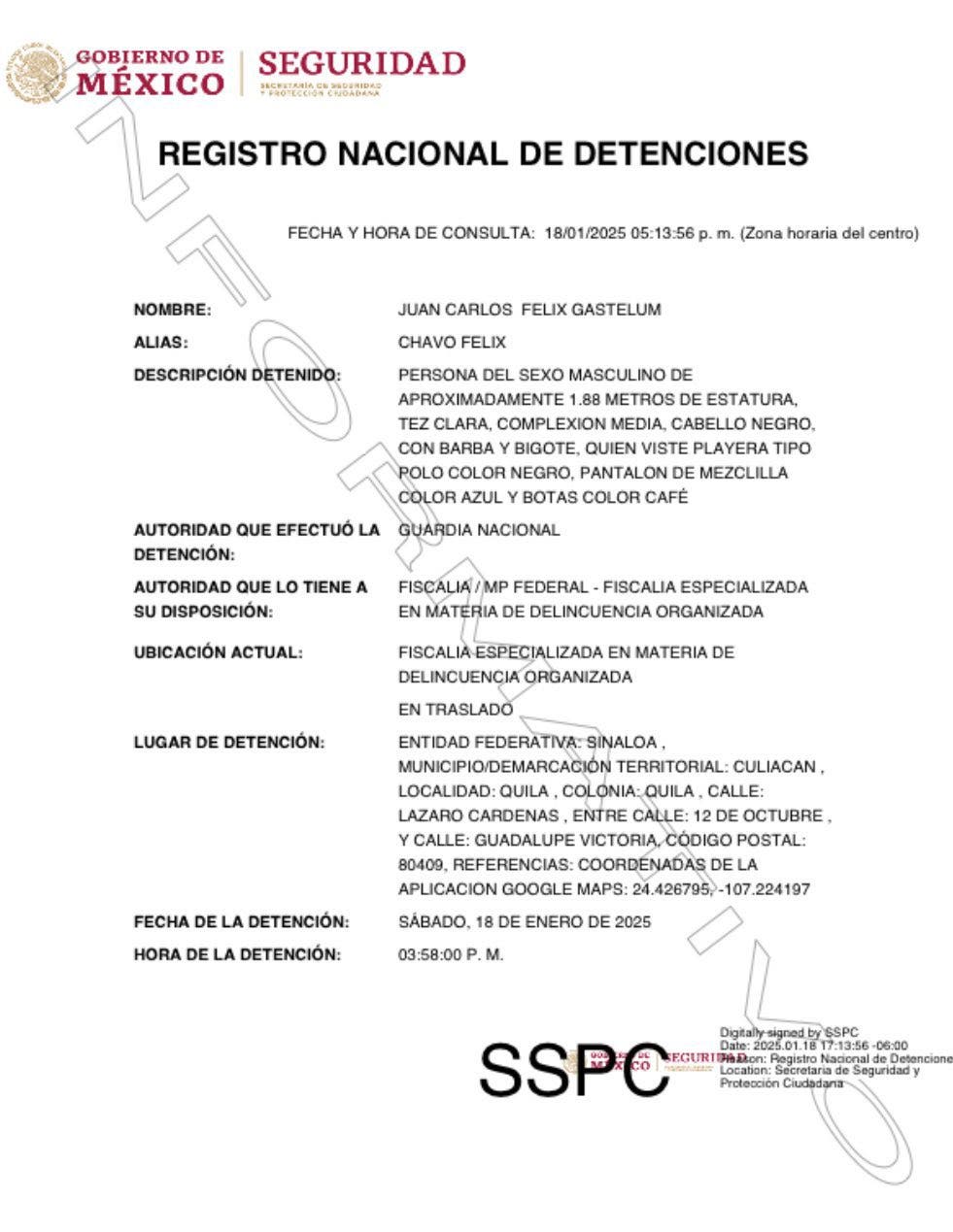 Ficha de detención de Félix Gastélum