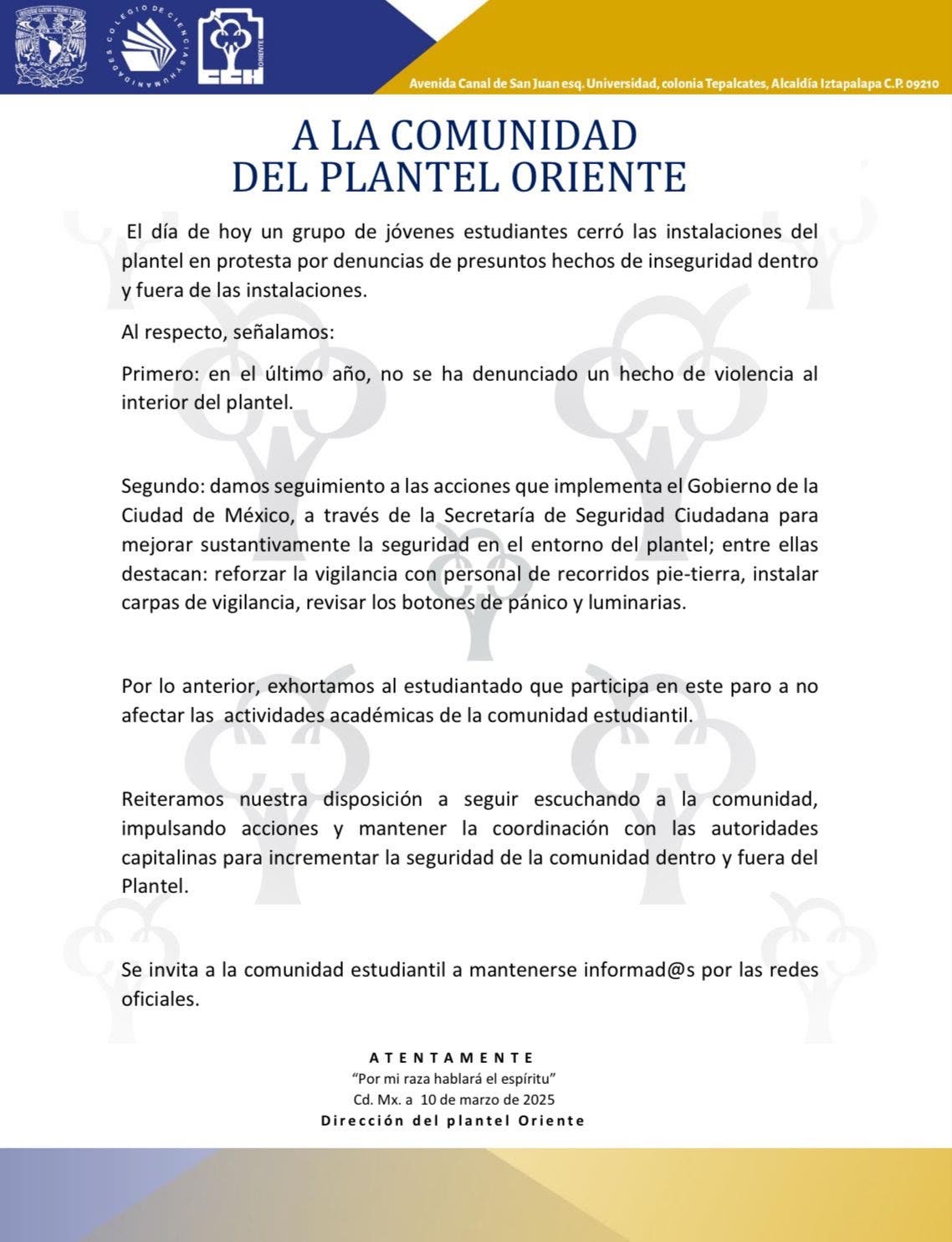 Comunicado del CCH Orienete